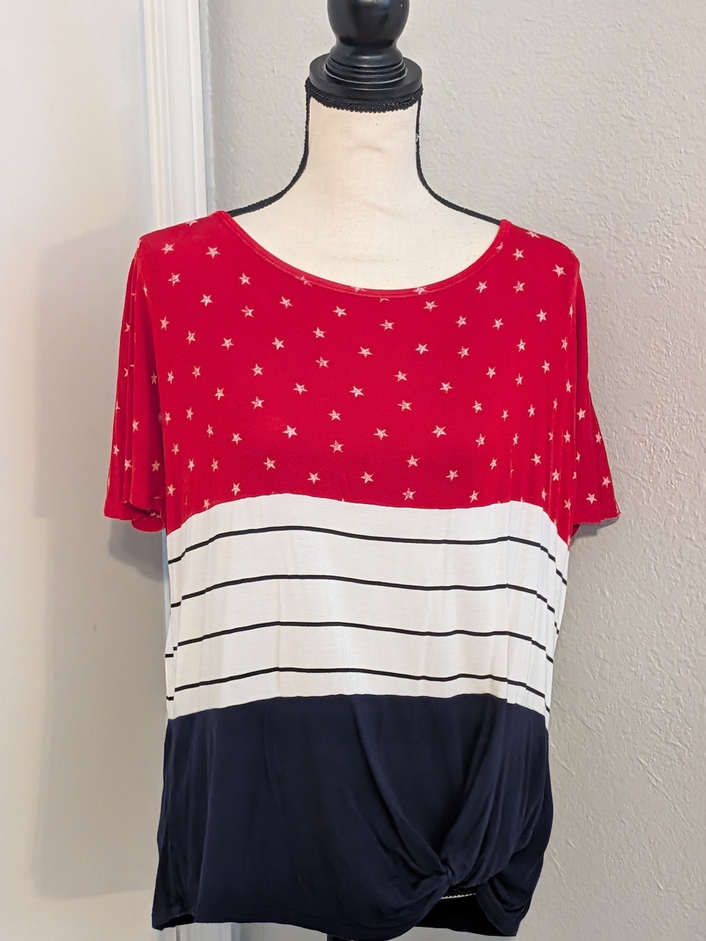 Maurices Red White and Blue Colorblock Star Stripe Short Sleeve Top